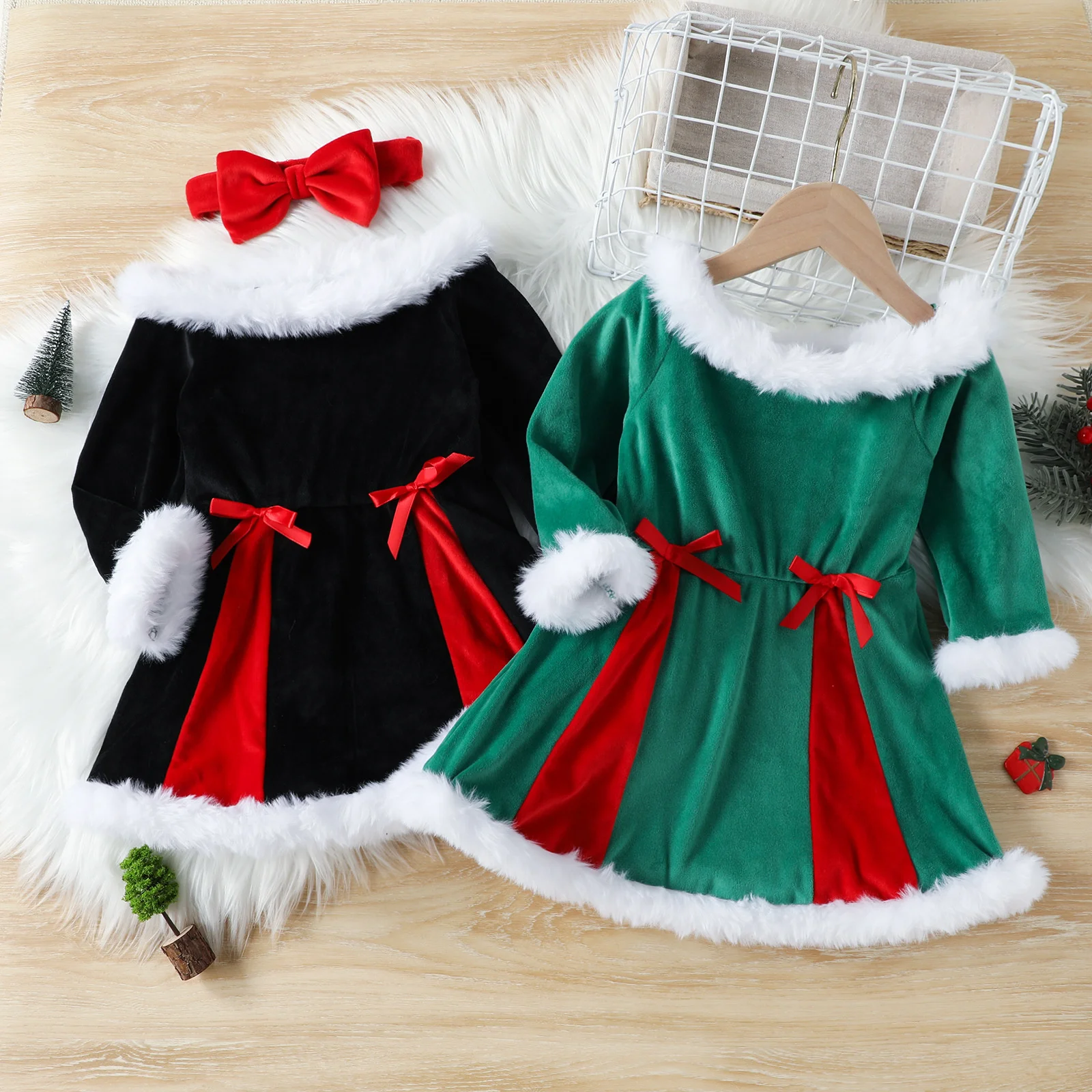 Kids Christmas Dress Children's Xmas Clothing 2023 New Small Medium Size Girls Long Sleeved Off Shoulder Dress Skirt