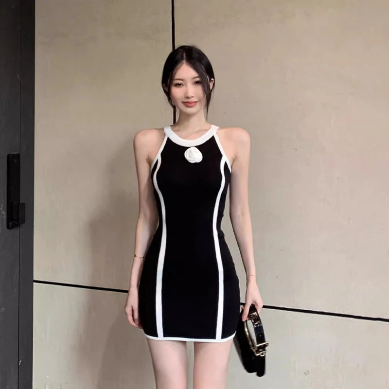 Sommer elastische gestrickte Rosen elegantes Kleid Frauen kurze Mini-Party Abendkleid