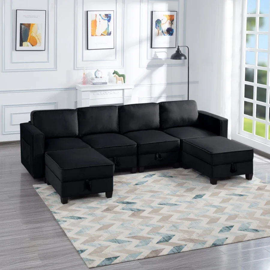 116'' Square Arm Sectional Sofa Black Velvet