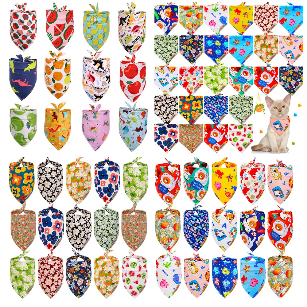 10pcs Summer Pet Bandanas Scarf Cat Kerchief Freshness Flower Fruit Style Print Pet Grooming Kerchiefs for Dog Cats Pet Supplies