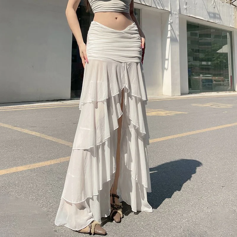 French Fairy Holiday Style Ruffled Mesh Skirt 2024 Autumn New Fashion Low Waist Pleated Casual Loose Slit Long Skirt For Women