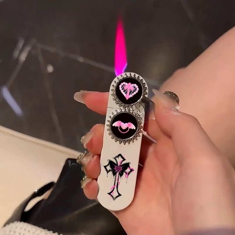 Windproof Direct-Injection Red Flame Lighter Gothic Cross Design Refillable Butane Gas Rocker Arm Ignite For Camping Travel Gift