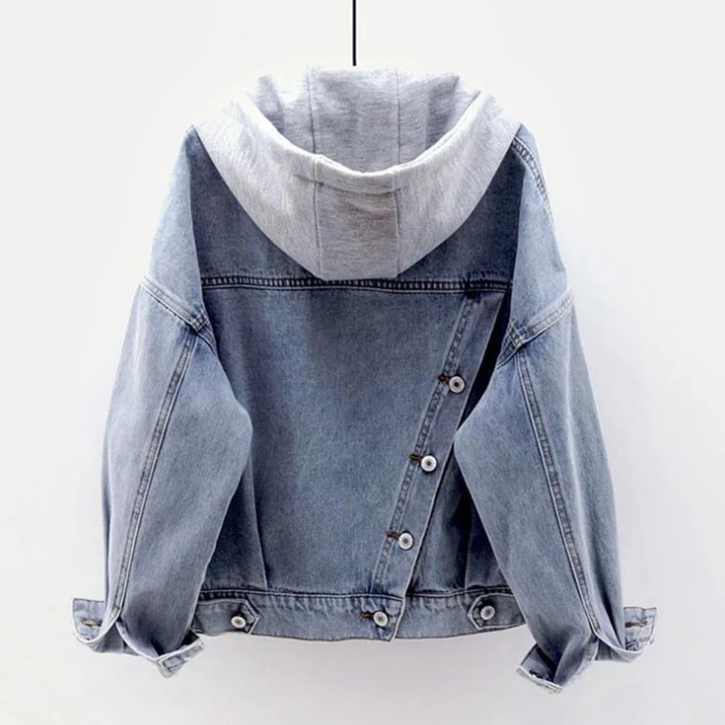 Korean Detachable Hooded Denim Jacket Loose Crop Top Big Pocket Back Chic 4 Button Streetwear Preppy Jeans Jacket Fall Women2023