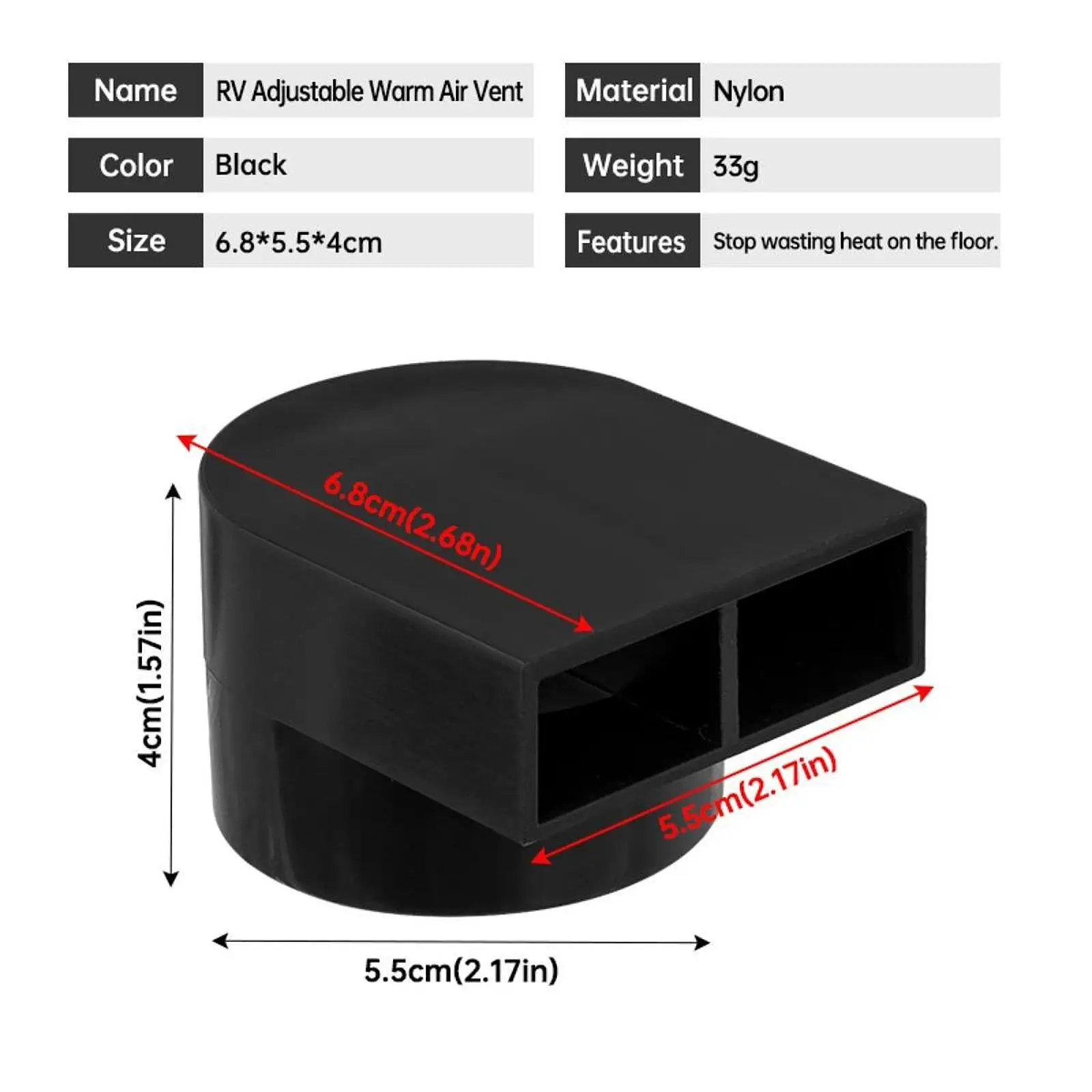 Air Vent Outlet for RV Adjustable Warm Airflow Heater Duct Register PP Black Cover Easy Install Compact Design