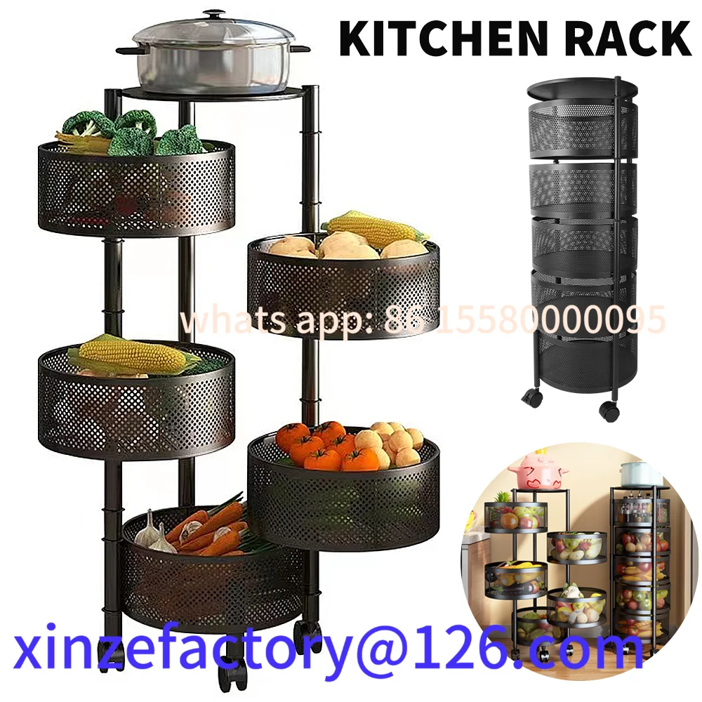 

Customizable Fruit Vegetable Storage Basket Holders Kitchen Shelves Rotatable Storage Rack with wheels Home