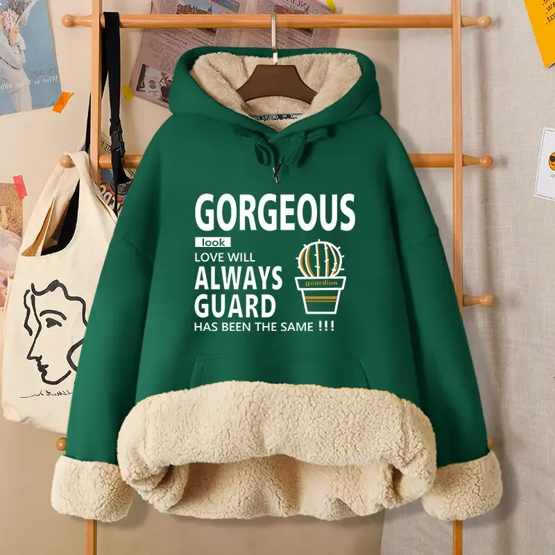 Thicken Hoodies Women Winter Clothes Print Chic Warm Japanese Style Hooded Casual Plus Velvet Popular Harajuku Loose Students