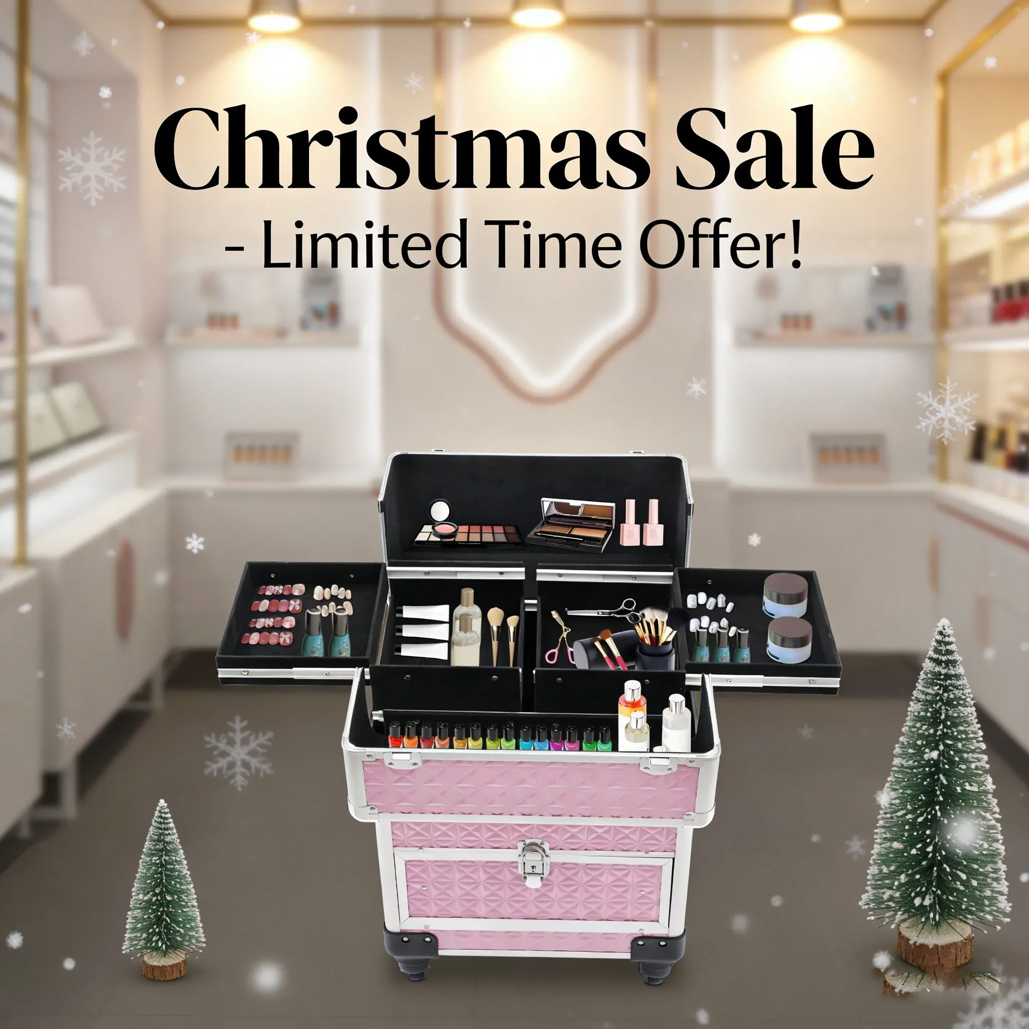 Pink Makeup Train Case, Portable Beauty Trolley with Drawers, Nail Art and Hair Stylist Storage Organizer for Cosmetics and Tool