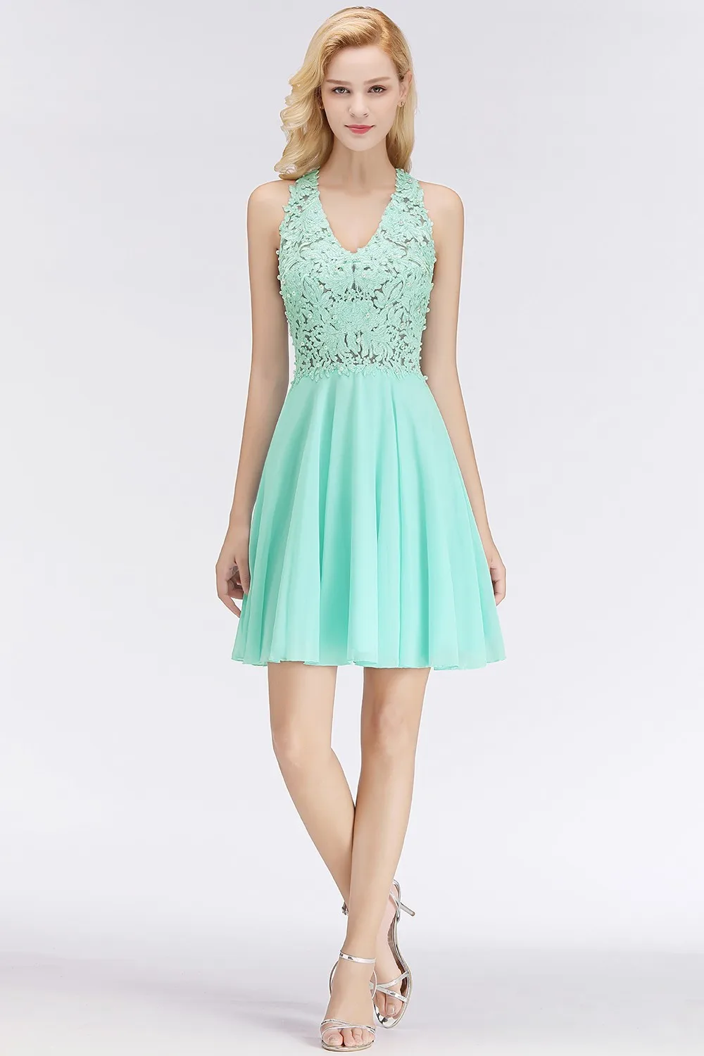 A Line Chiffon Elegant Pearls Decorated Mint Green Lace Cocktail Dresses Sexy Illusion Ruched Formal Party Prom Gowns Vestidos