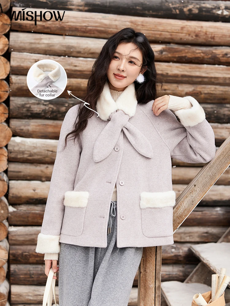 MISHOW Tweed Jacket Cotton Clip Thickened Warm Spliced pocket Removable Fur Collar Soft Sweets Winter Coat Women MXD58W0741