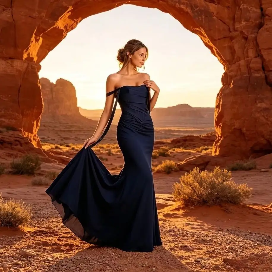 Customized Blue Off Shoulder Sleeveless Mermaid Evening Gown Pleated Bra and Long Tie for 2026 Party Dress Suitable for Weddings