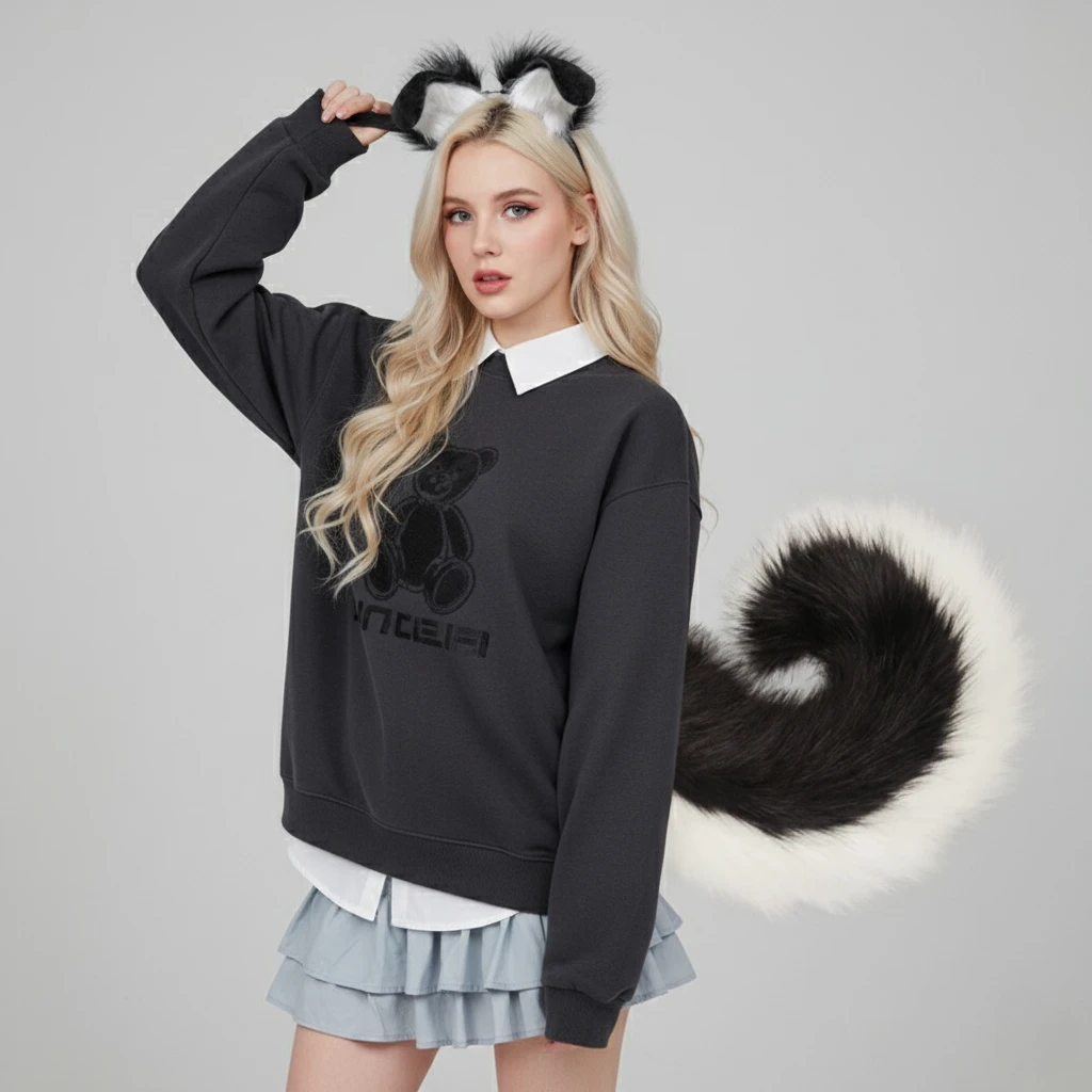 Kit de cola y orejas de perro dobladas para cosplay, accesorio de animal de piel sintética de felpa para Halloween, fiestas y eventos de anime (unisex)