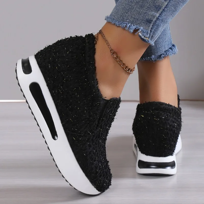 Elevated Inner Casual Sneakers Women Thick Soles Single Shoes Shallow Cut Round Toe Single Shoes Fashion Gold Riband Shoes