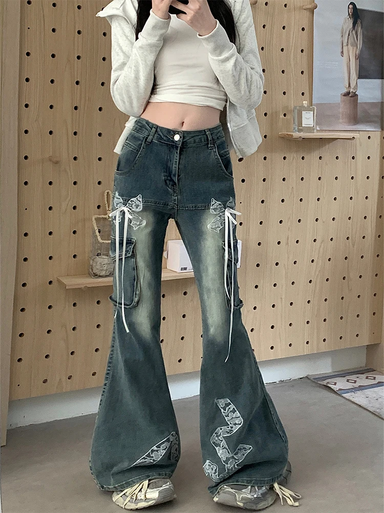 Jeans svasati in pizzo blu Y2k da donna Harajuku pantaloni in denim larghi stile giapponese anni 2000 pantaloni Jean vintage anni '90 vestiti della spazzatura 2024