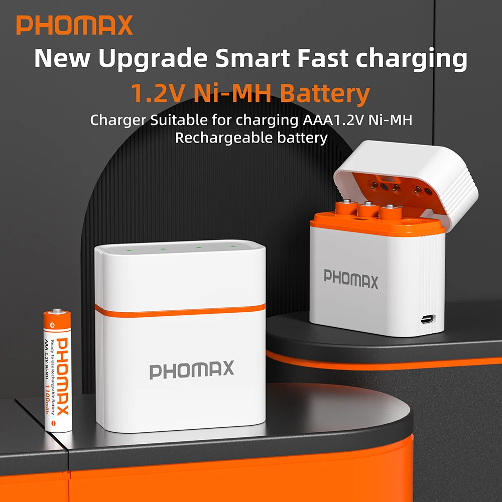 PHOMAX 4 Slots 1.2V AAA Ni-MH Smart Battery Charger with Type-C For Aaa NiCd NiMh Rechargeable Battery Portable Fast Charging