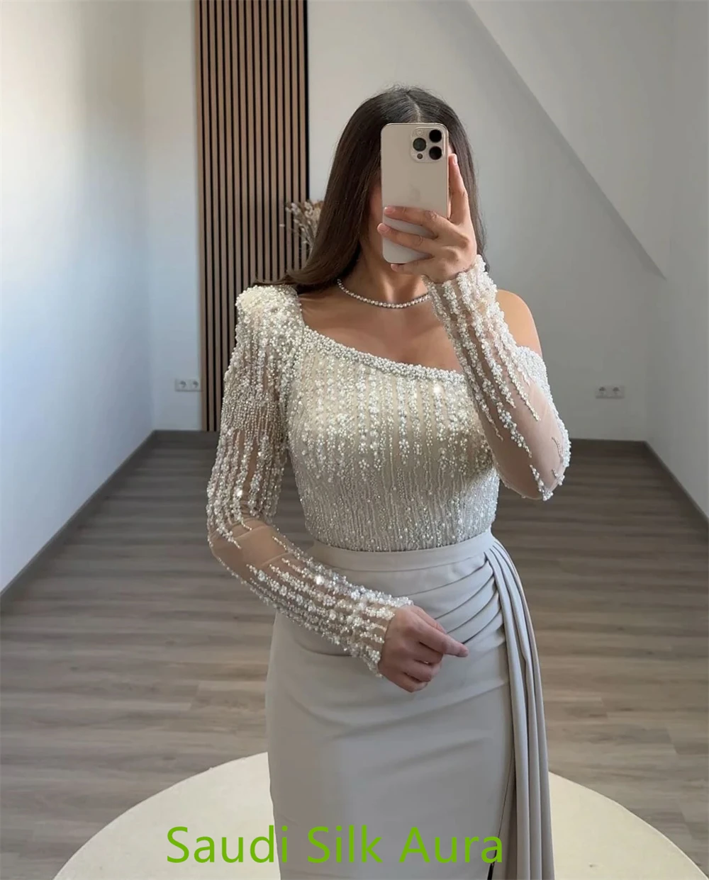 customizedCustomized Temperament White Jersey Party Dress Exquisite One Shoulder Long Sleeves Party Dress Delicate Straight Cele image 5