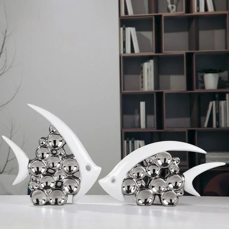 

Modern Europe Silver Plated Bouble Couple Kiss Fish Ceramic Furnishing Articles Office Home Craft Livingroom Ornament Decoration