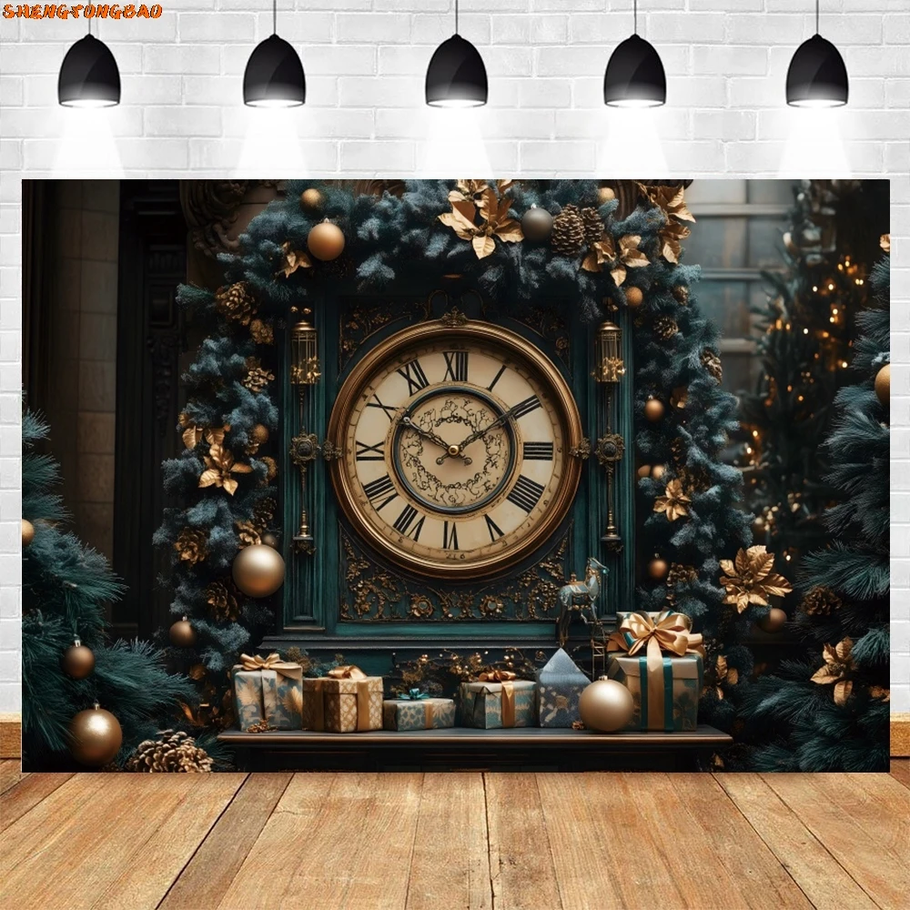 Green Christmas Clock Backdrop Xmas Tree Gifts Baby Kids Portrait Family New Year Party Photography Background Decor Photostudio