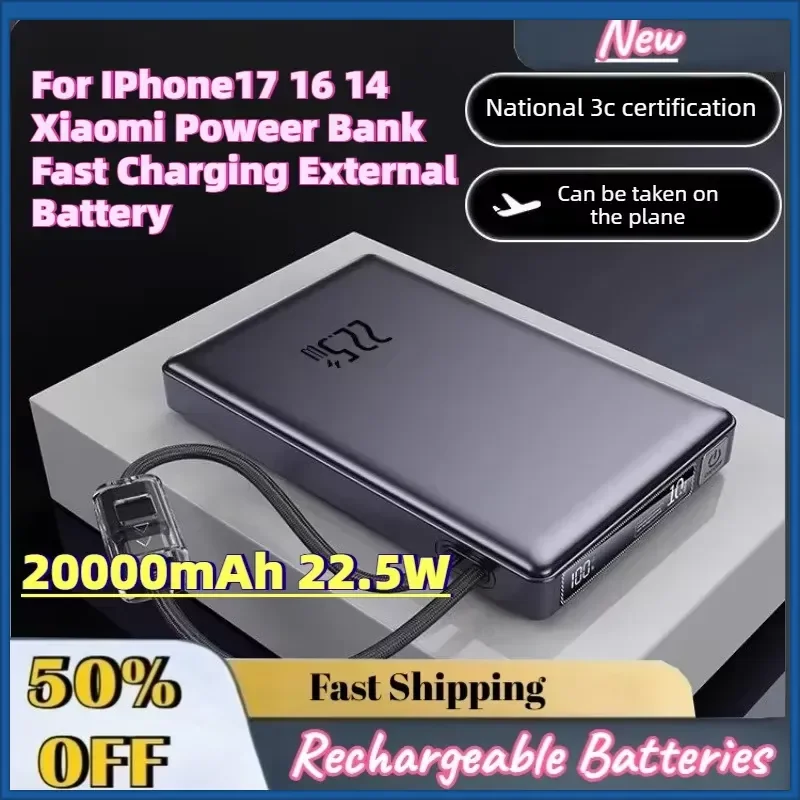 Large Capacity Upgrade 20000mAh 22.5W Portable Power Bank for IPhone17 16 14 Xiaomi Poweer Bank Fast Charging External