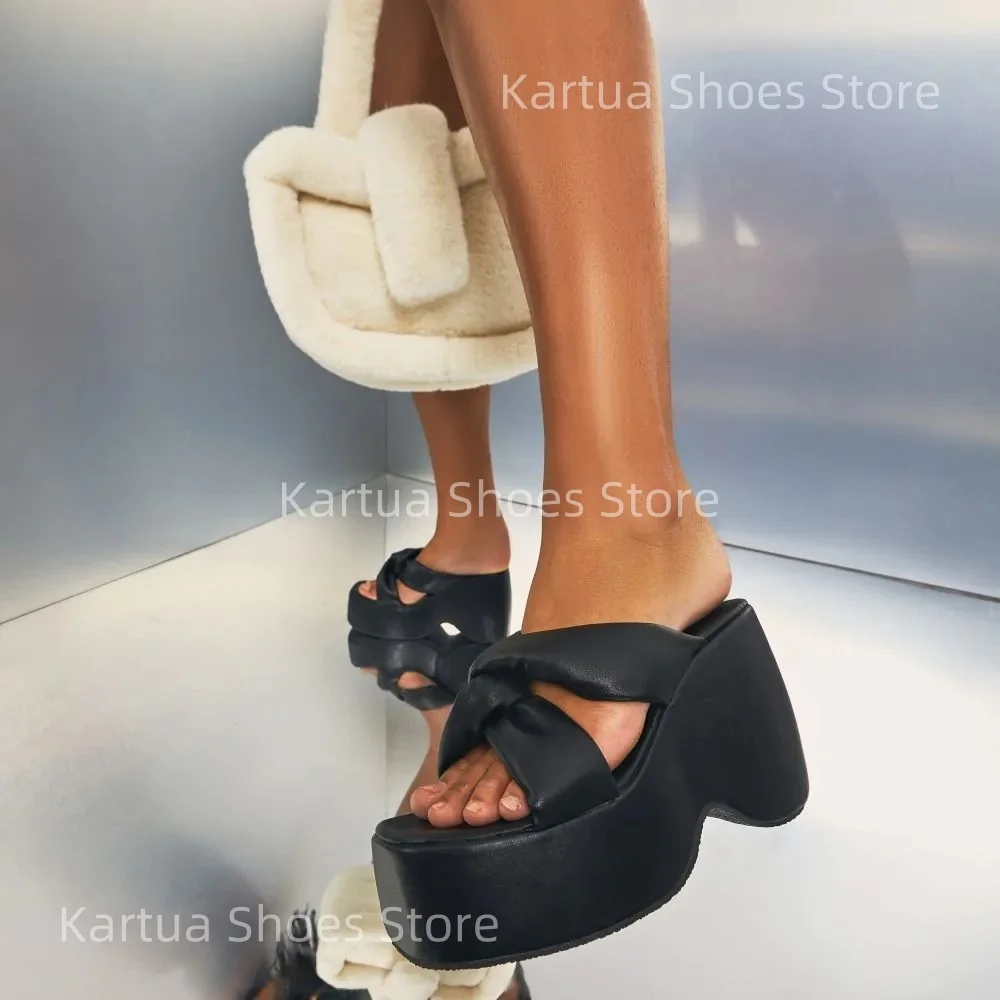 

Women's Black Platform Slide Sandals Knot Detail Open Toe Chunky Heel Mules Casual Party Footwear Trendy Thick Sole Shoes Summer