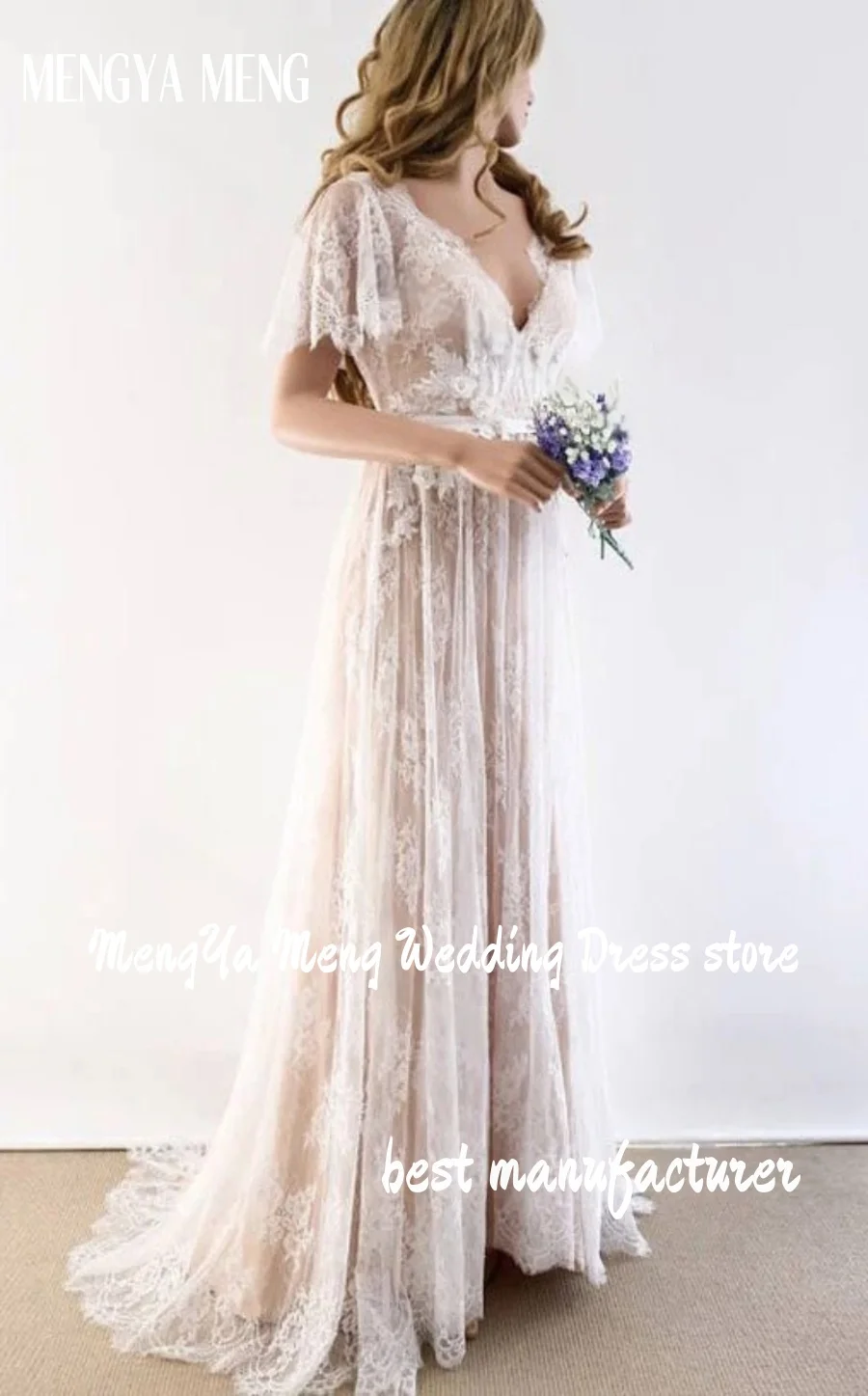 Elegant Boho Lace V-Neck Backless Beach Wedding Dress Short Sleeves A Line Cap Sleeve 3D Flowers Bohemian Bridal Gown Customized
