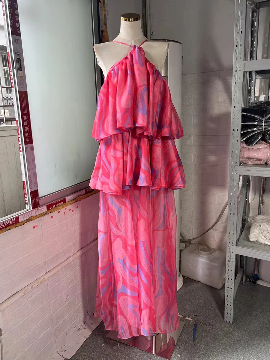 VGH موضة مساء بقماش شفاف فستان طويل للنساء الرسن تقسم متعدد الطبقات الكشكشة بلا أكمام فساتين الحفلات التدرج الإناث #5