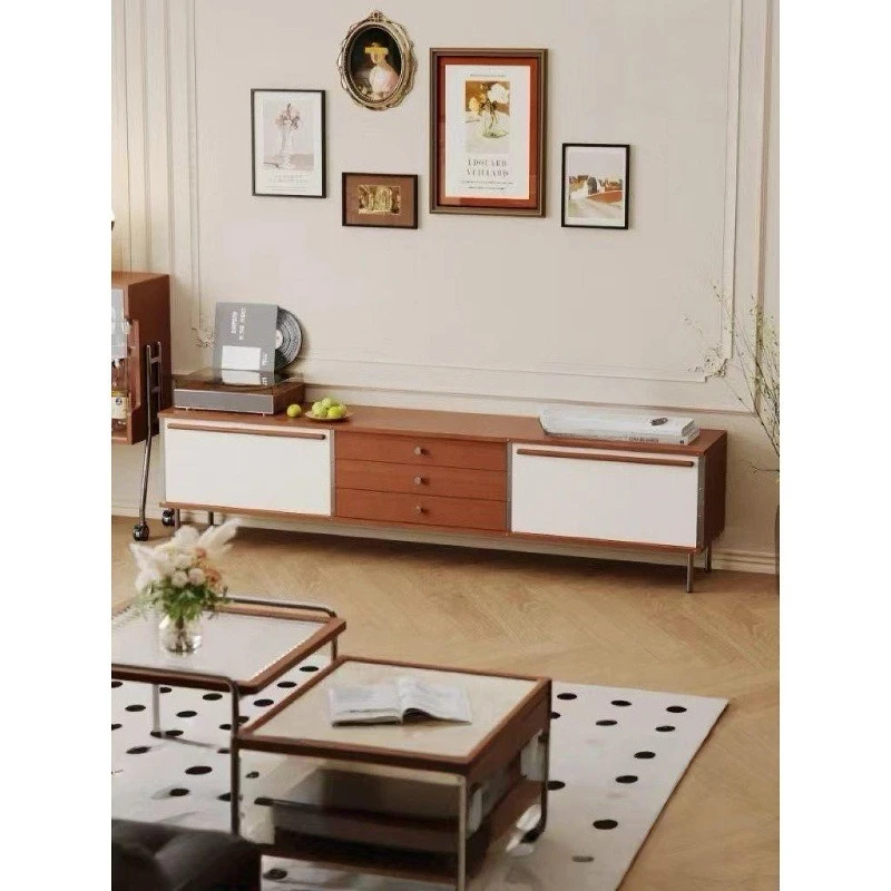 Medieval solid wood TV cabinet, light luxury storage locker next to the sofa in the living room, fully equipped floor-to-ceiling