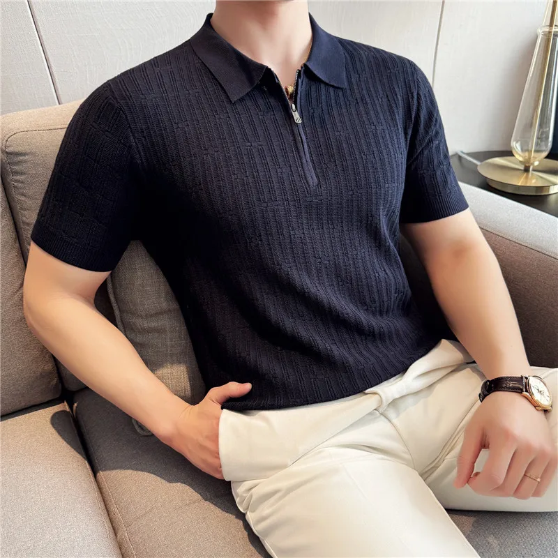Mens Knitted Stripe Polo Shirt Short Sleeve 2026 Summer New Solid Casual Breathable Soft Light Thin Casual T Shirt Men Clothing