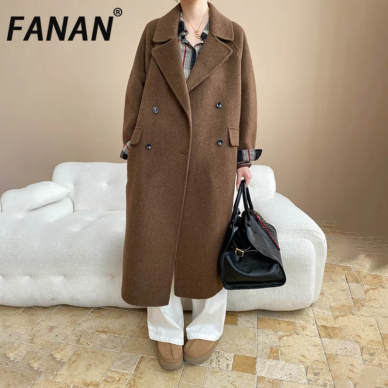 

FANAN Thick Warm 100% Wool Coats For Women Lapel Double Breasted Office Lady Long Outwear Temperament Clothing Winter New
