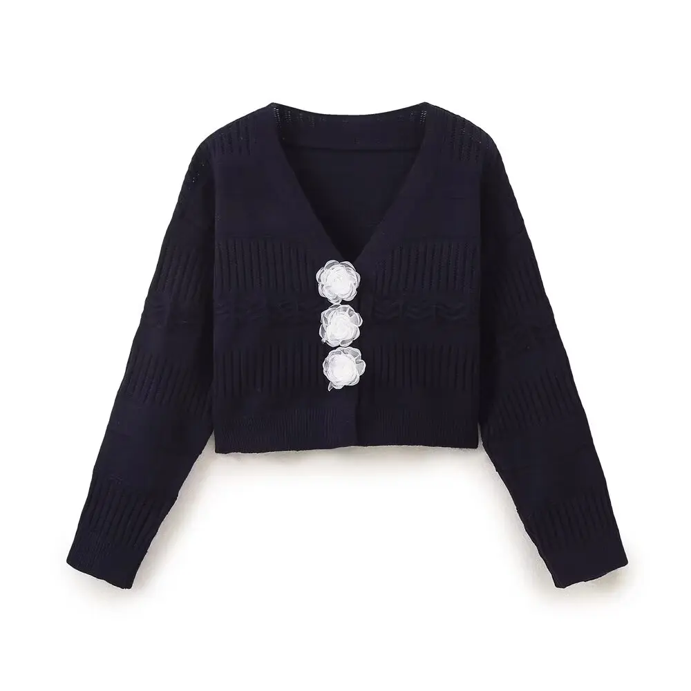 Tangada 2024 Women Elegant Flower Decorate Cardigan Sweaters Buttons Long Sleeve Female Jumper 6H0320