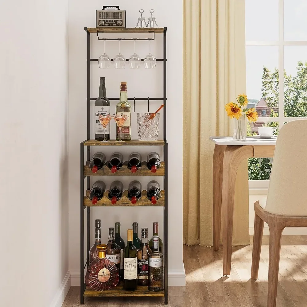 Armoire à vin autoportante T1 à 5 niveaux avec porte-verres et crochets en S, mini bar d'angle parfait pour les petits espaces