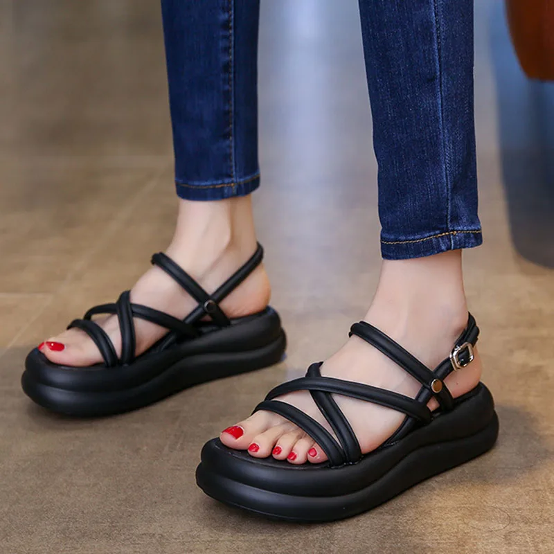 Flat Sandals Women 2025 New Summer Soft Sole Casual Roman Sandales Femmes Black White Cross Band Women\'s Shoes Sandalias Mujer