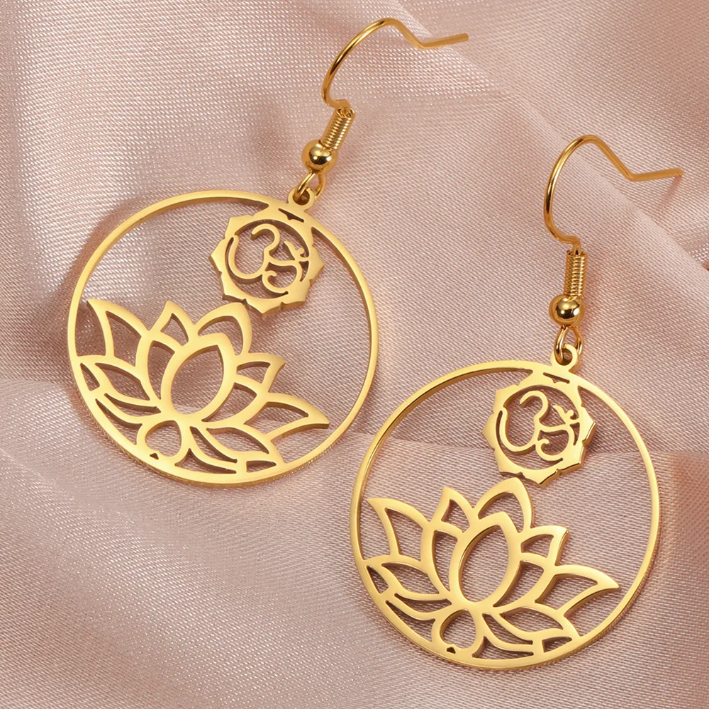 Dawapara Yoga Lotus OM Symbol Dangle Earrings for Women Aum Ohm Spiritual Amulet Chakra Pendant Stainless Steel Jewelry