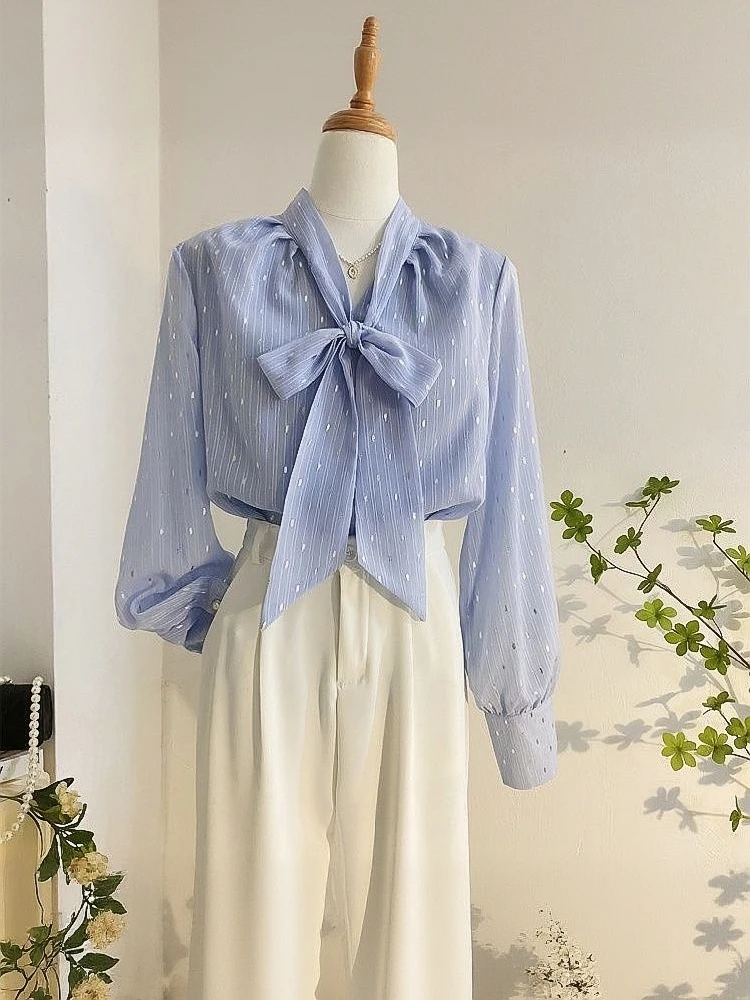 Shiny Front Bow Tied Chiffon Blouse Women Long Sleeve Youth Fine Base Top Korean Chic Lady Office Shirt Casual Female 2024 New