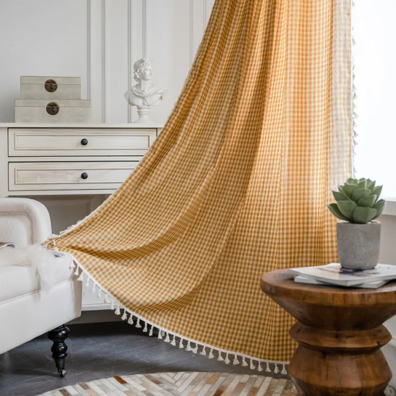 Yaapeet Yellow Plaid Curtains Whith Tassel Cotton Linen Drapes for Living Room Girl Bedroom Window Decorative Valance