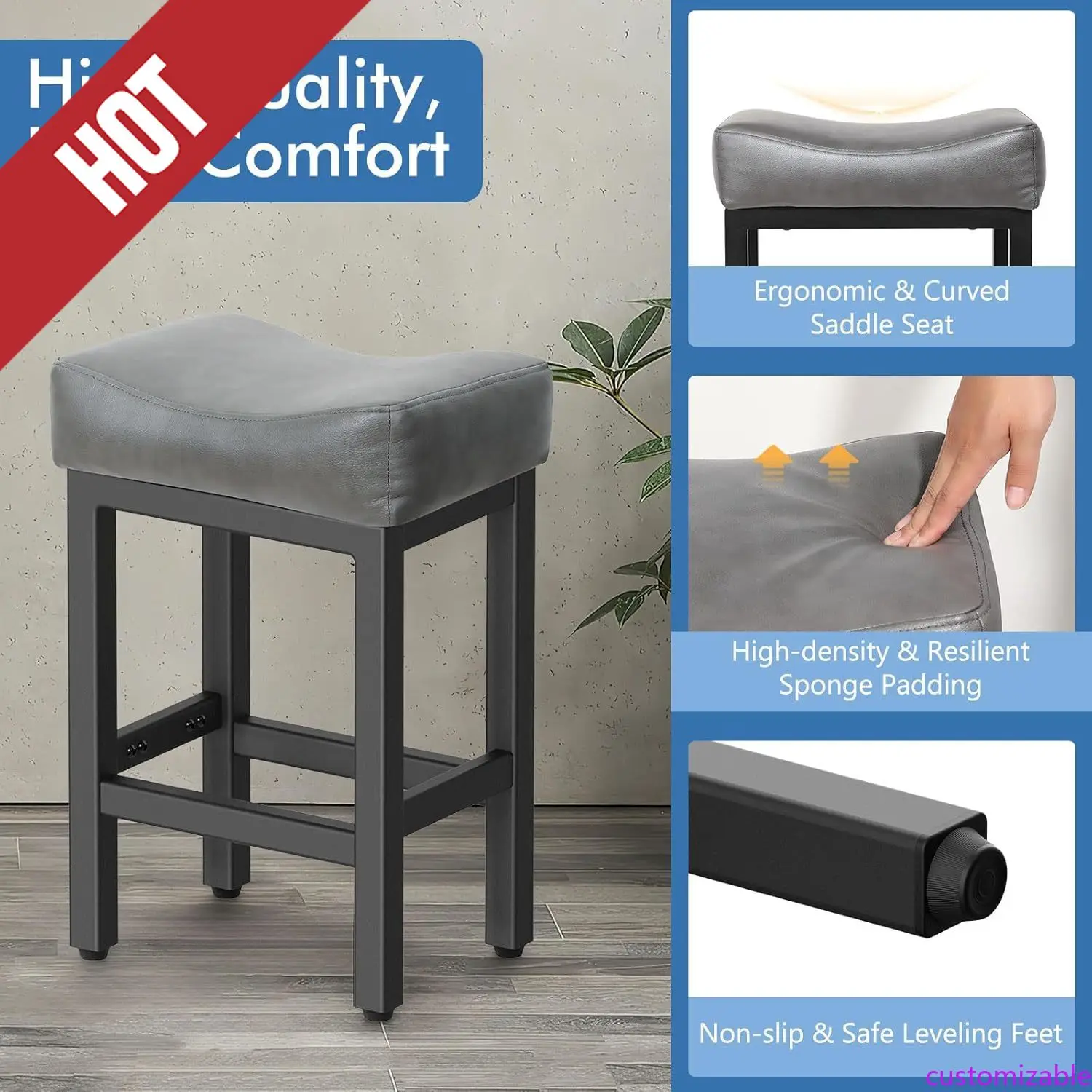 Customizable Counter Height Bar Stools Set Of 3, 24 Inch Barstools For Kitchen Island Counter,Easy Assembly, Gray/Black