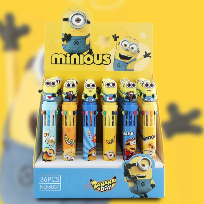 6/36pcs Minions Doll 10 Colors Ballpoint Pen Multi Color Press Gel Pen Colored Markings Student Supplies Stationery Wholesale