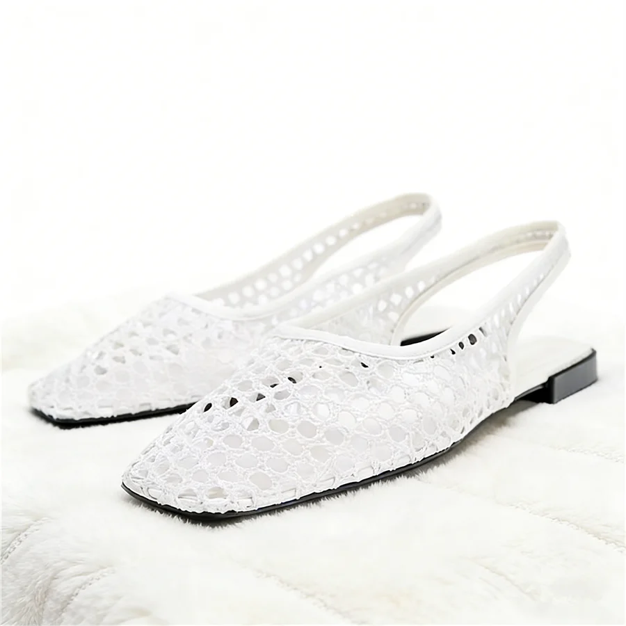 Women's Square Toe Hollow Crochet Singback Flat Sandals Breathable Backless Mules for Summer Ladies Casual Office Wear Flats