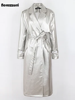 Nerazzurri-gabardina larga de cuero Pu para mujer, abrigo holgado de color marrón, negro y plateado, fajas, diseñador de lujo, moda europea, otoño, 2022