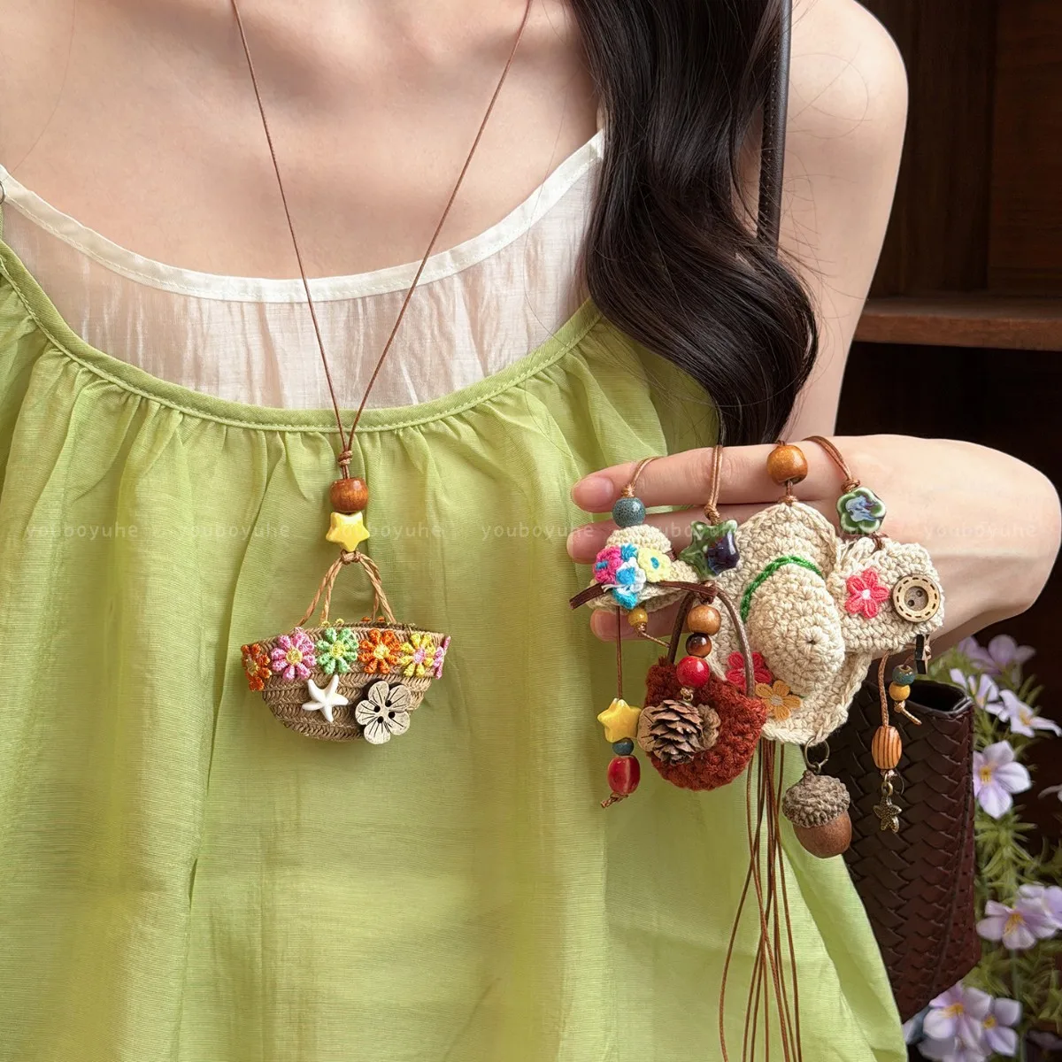 Knitted Straw Hat Beaded Necklace in New Style Collar Chain for Summer Vacation Style Long Accessory
