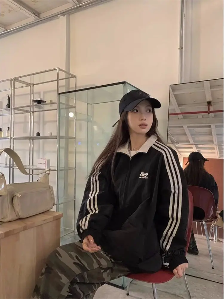 سترة نسائية أمريكية عتيقة الطراز ذات وجهين للربيع والخريف، فضفاضة بثلاثة خطوط، قطعة علوية رياضية غير رسمية بسحاب وأكمام طويلة #4