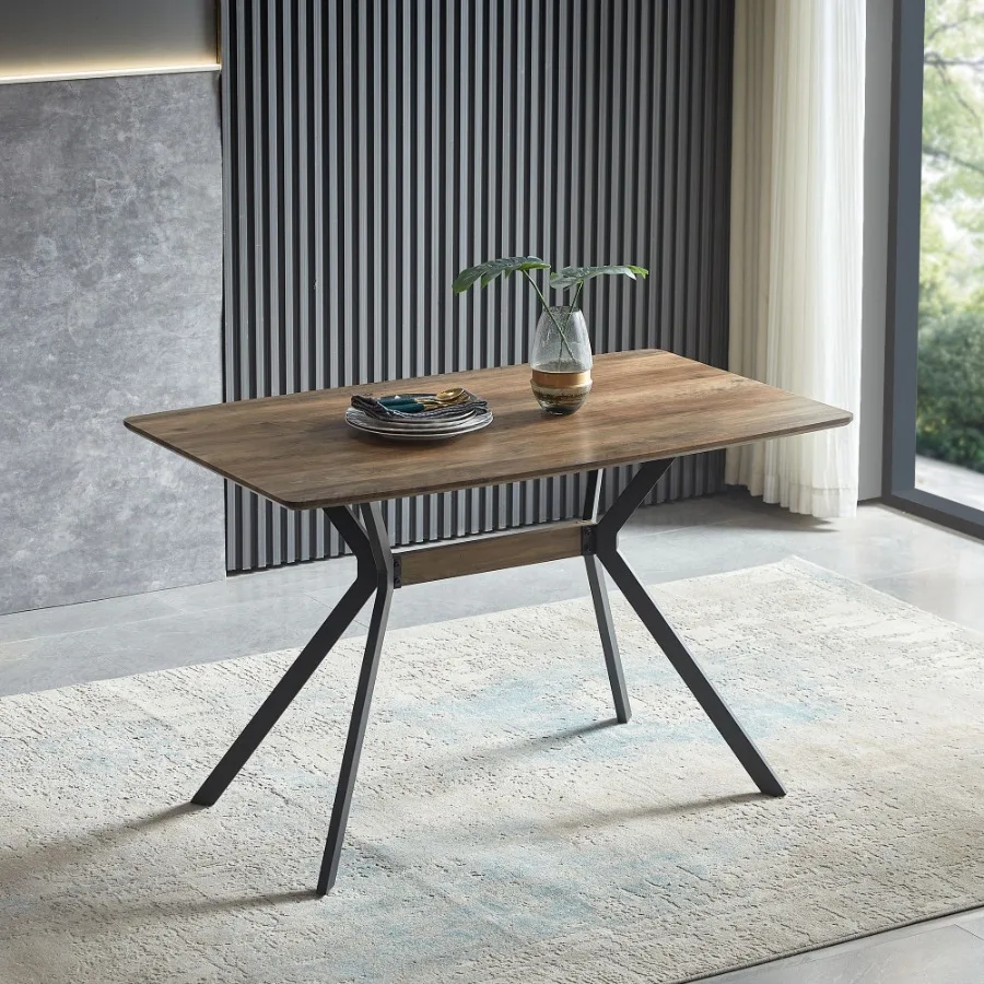

Modern Minimalist Style Dining Table MDF wooden Top Black Metal Shelf Metal Heat Transfer Legs Leveling Feet For Dining Room Ki