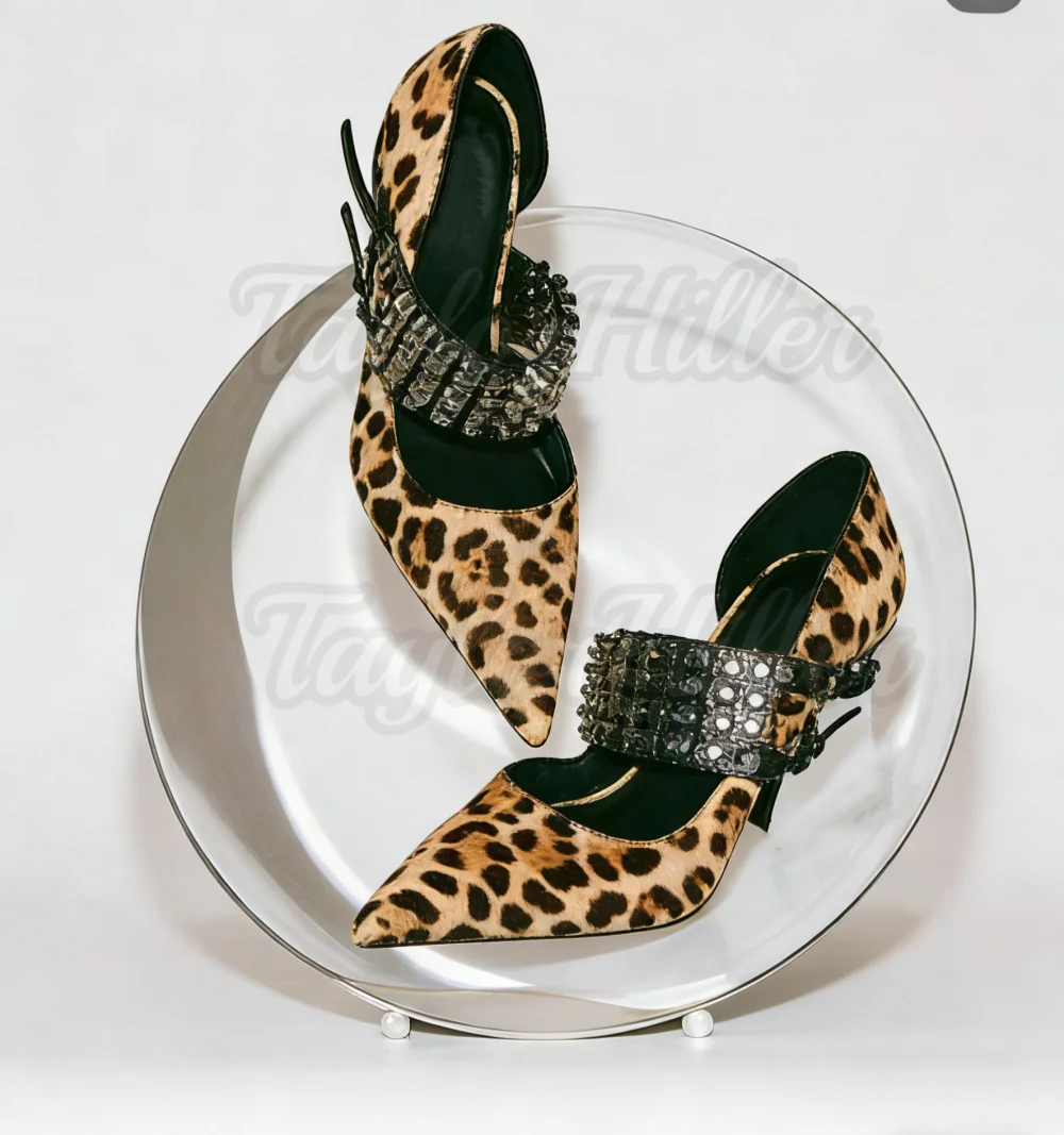 

Glittering Leopard Print Heeled Sandals Rivets Pointed Toe Shallow High Heels Women Luxury Designer Shoes 2026 New Spring Summer