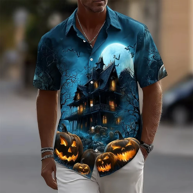 

2025 New Halloween Themed Men's Shirt Trendy Fashion Button Up Shirt Short Sleeve Dark Holiday Streetwear Oversized Unisex Tops