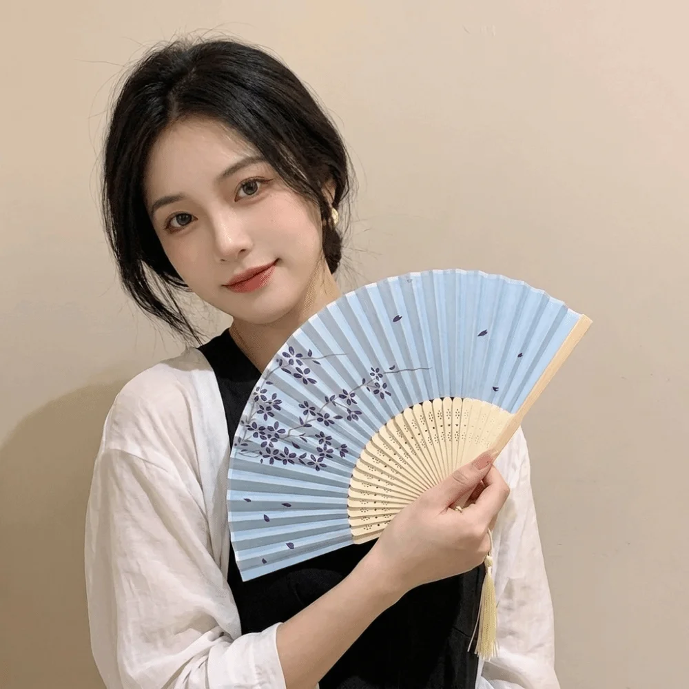 Traditional Vintage Chinese Folding Fan with Tassels Floral Print Dance Fan Creative Decorative Hand Cranked Fan Summer Use