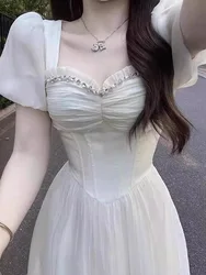 White dress female heavy worker with diamond inlaid princess dress elegant long slim fit waist gentle style fairy dress XRDS