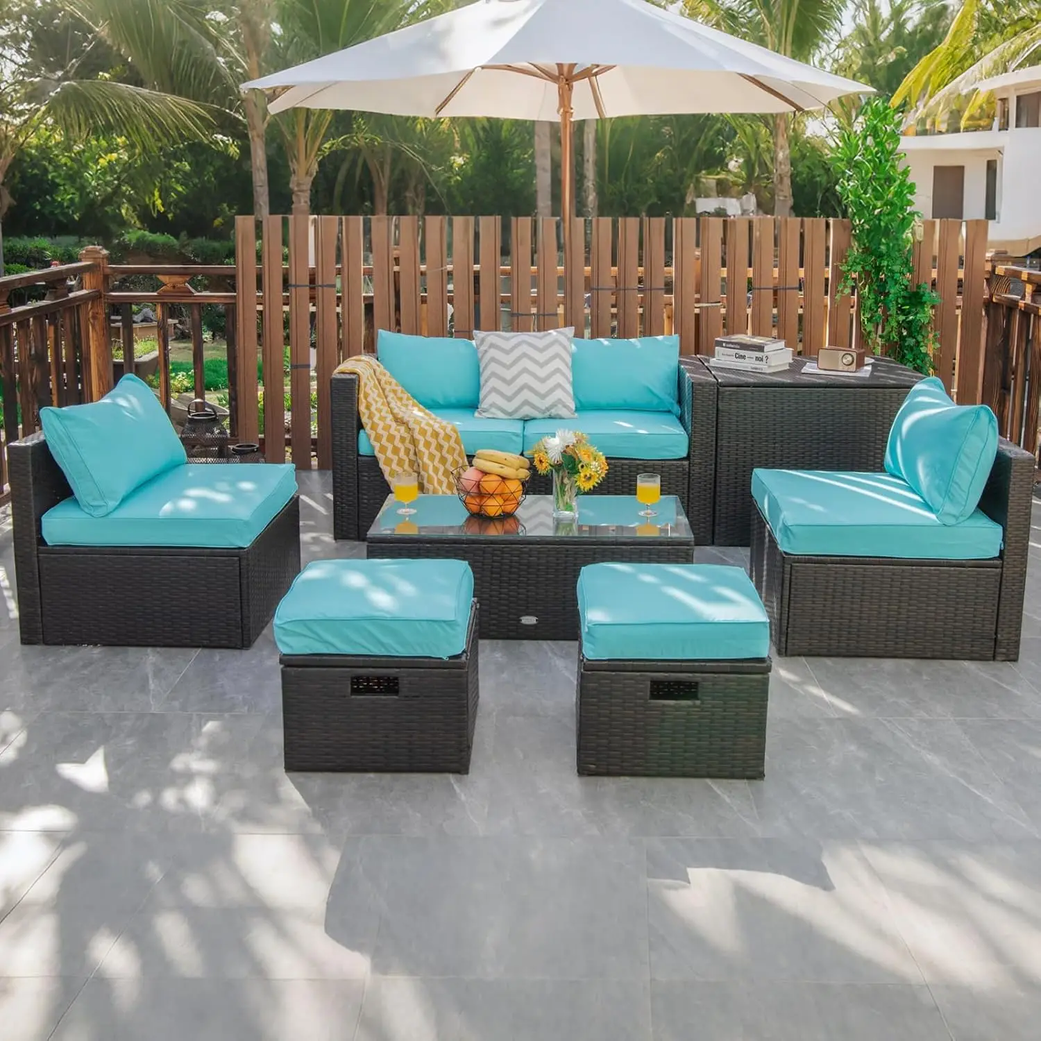 

8pc Rattan Outdoor Furniture Set Sectional Sofa Chair Storage Ottoman Glass Table Space-Saving Garden Deck Custom