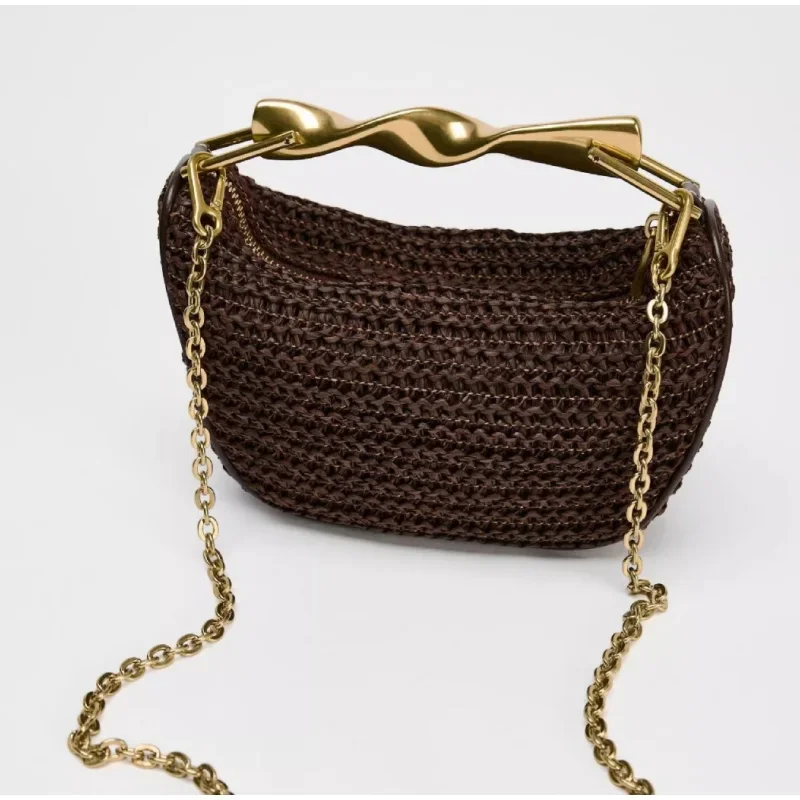 

Summer Rattan Woven Crossbody Shoulder Bag,Half-Moon Beach Straw Tote Bag,Women Designer Purse,Casual Metal Handle Straw Handbag