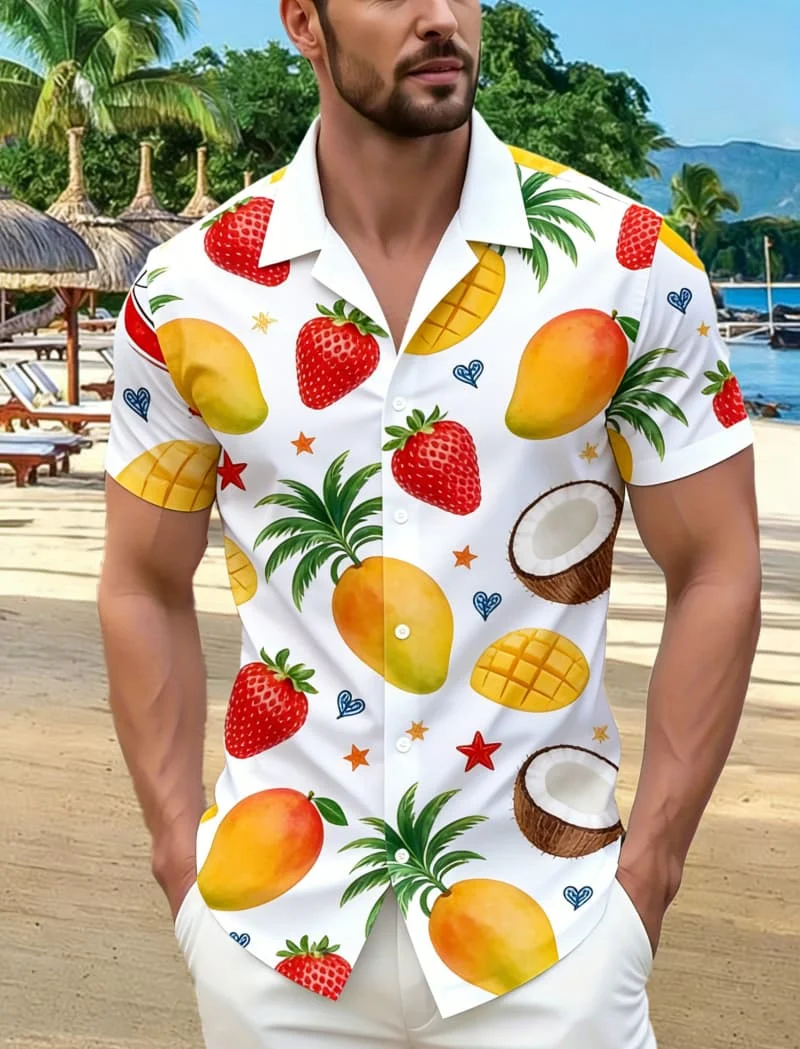 

Men's Fashionable Summer Short Sleeve Shirt - Fruit & Surfing Print Casual Top For Beach And Daily Streetwear