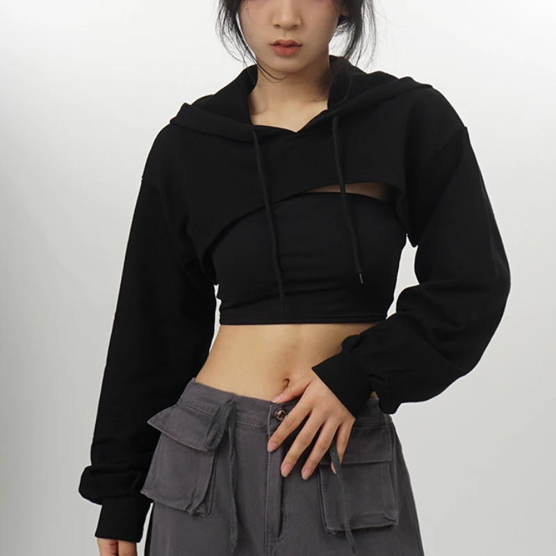 With Hat Hoodies Women Basic Crop All-match Streetwear Dancing Casual Hip-hop Unisex Young Korean Fashion Classic Personality