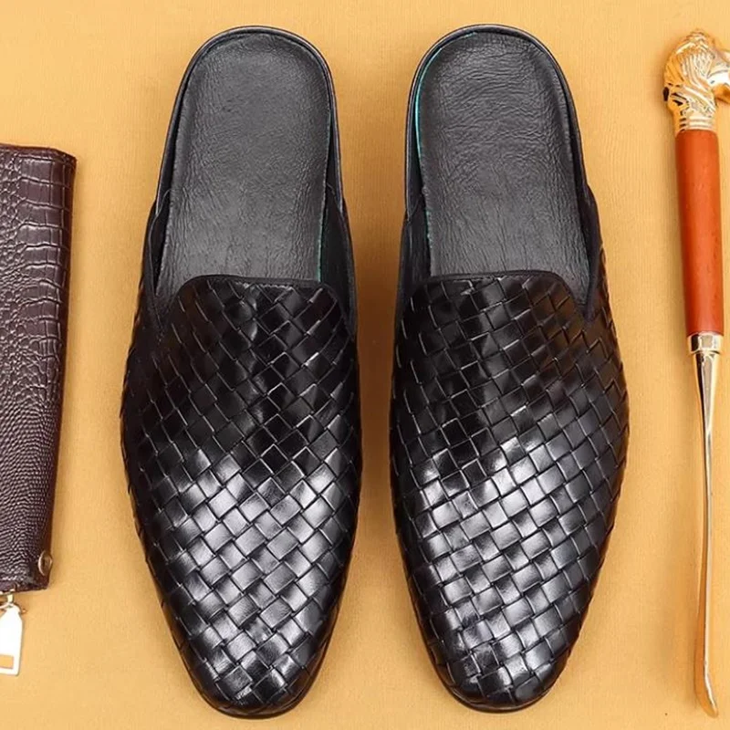 

Mens Slippers Genuine Leather Sandals Slip on Flats Mules Shoes Casual Men Half Slipper Comfortable Soft Business Leather Sandal